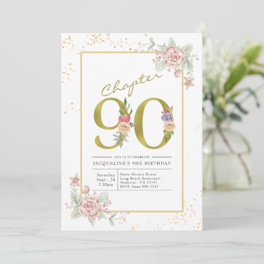 Invitation 90e anniversaire Floral Gold Script (Debout devant)