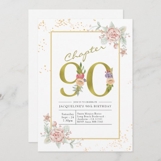 Invitation 90e anniversaire Floral Gold Script (Devant / Derrière)