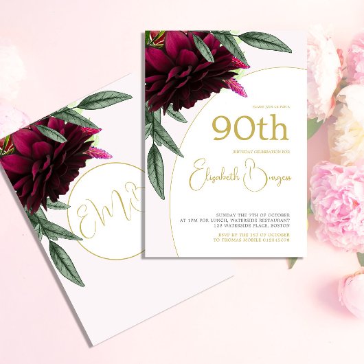 Invitation 90E Anniversaire Floral Or Blanc Élégant Anniversa
