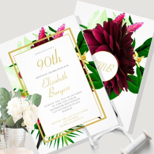 Invitation 90E Anniversaire Floral Or Blanc Élégant Anniversa