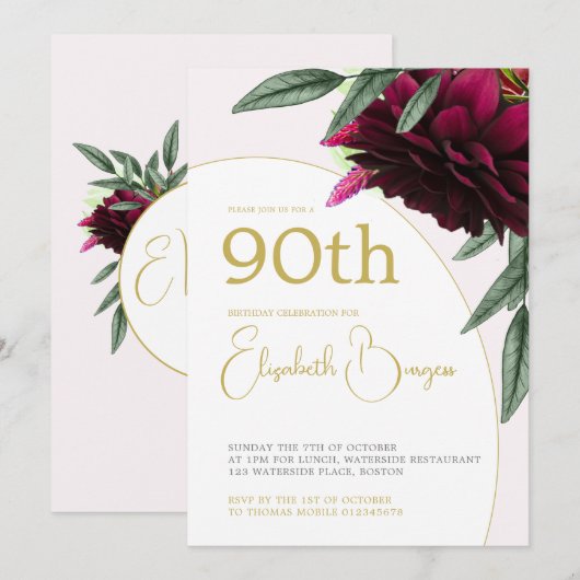 Invitation 90E Anniversaire Floral Or Monogramme Élégant (Devant / Derrière)