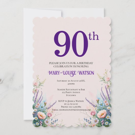 Invitation 90e anniversaire Floral rose et pourpre (Devant)