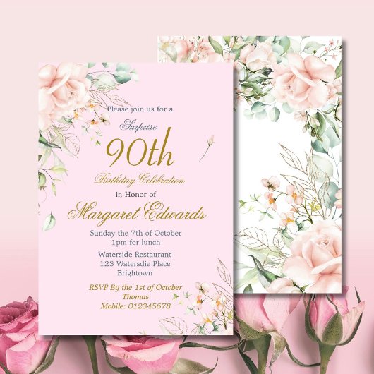 Invitation 90e anniversaire floral Rose rose or élégant