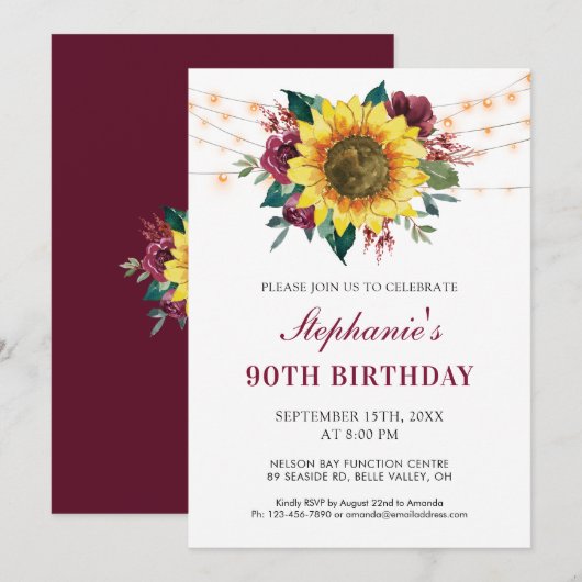 Invitation 90e anniversaire Floral Sunflower String Lights Pa (Devant / Derrière)