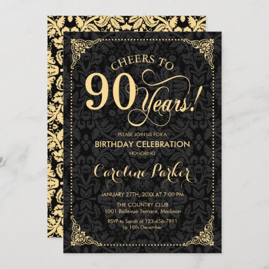 Invitation 90e anniversaire - Gold Black Damask (Devant / Derrière)