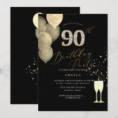 Invitation 90e anniversaire Gold Parties scintillant Ballons  (Devant / Derrière)