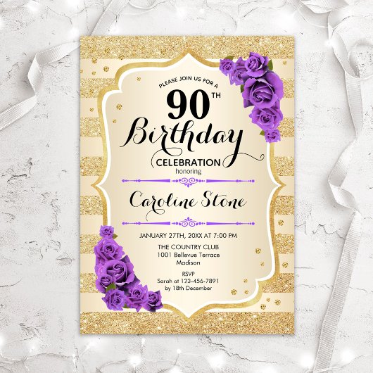 Invitation 90e anniversaire - Gold Stripes Rose violet