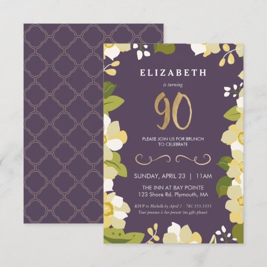 Invitation 90e anniversaire Invitation, Personnaliser Floral (Devant / Derrière)