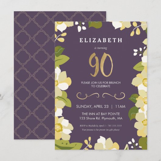 Invitation 90e anniversaire Invitation, Personnaliser Floral (Devant / Derrière)
