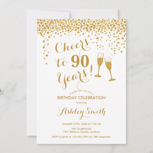 Invitation 90e Anniversaire - Joue À 90 Ans Or Blanc (Devant)