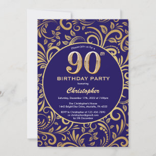 Invitation 90e anniversaire Marine bleu et or modèle floral
