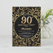 Invitation 90e anniversaire Modèle floral noir et or (Debout devant)
