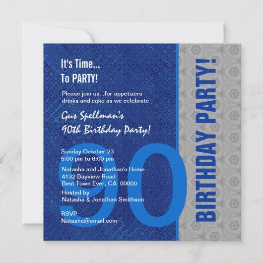 Invitation 90e anniversaire Moderne Bleu et Argent S306 (Devant)