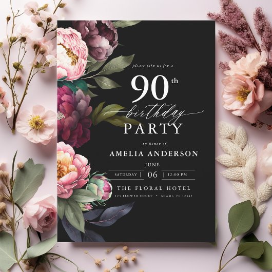 Invitation 90e anniversaire Moody moderne Bourgogne Blush Flo