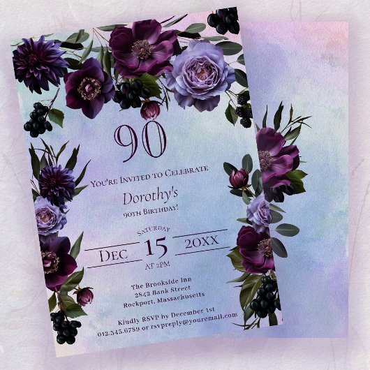 Invitation 90e anniversaire Moody Purple Gothic Flower