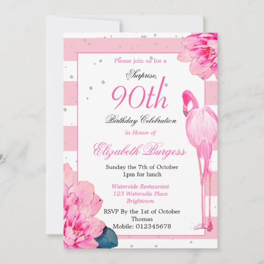 Invitation 90e anniversaire Ninetieth Flamant rose Monogramme (Devant)