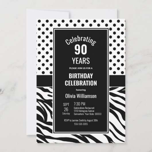 Invitation 90e anniversaire Noir Blanc Pois Zebra Stripes (Devant)