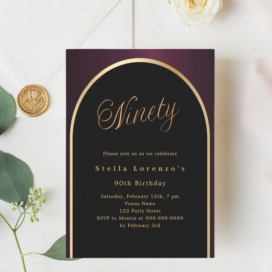 Invitation 90e anniversaire noir bordeaux or arc script