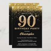 Invitation 90e anniversaire Noir et Parties scintillant d'or  (Devant / Derrière)