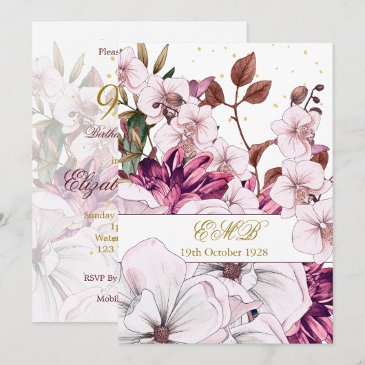 Invitation 90e Anniversaire Or Bourgogne Rose Floral Élégant (Devant / Derrière)