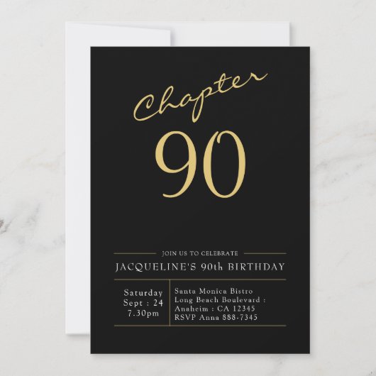 Invitation 90e Anniversaire Or Script moderne Noir (Devant)