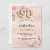 Invitation 90e anniversaire pampas herbe rose or fleuri or lu (Devant)