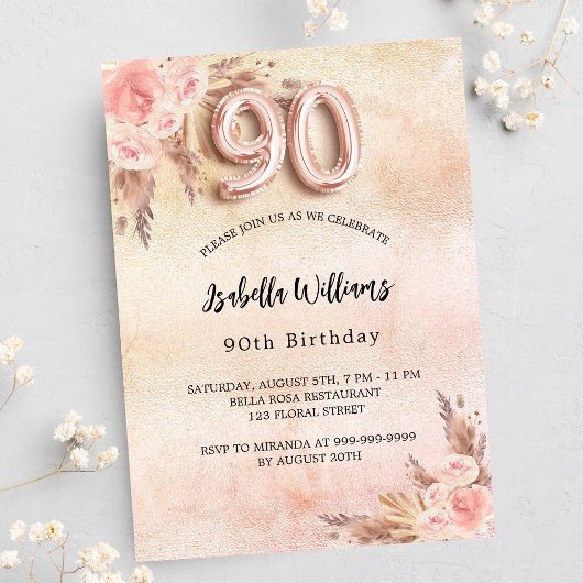 Invitation 90e anniversaire pampas herbe rose or fleuri or lu