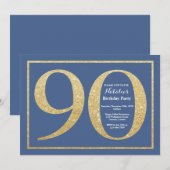 Invitation 90e anniversaire Parties scintillant bleue et or (Devant / Derrière)