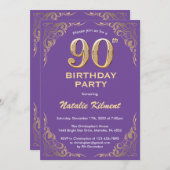 Invitation 90e anniversaire Parties scintillant violet et or (Devant / Derrière)