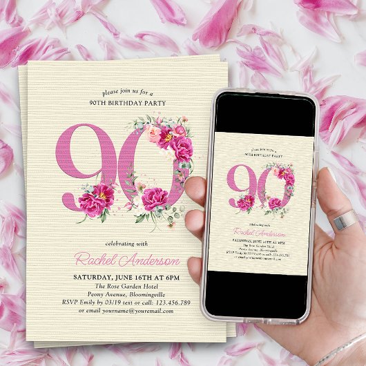 Invitation 90e anniversaire Peony rose Floral Numéro 90