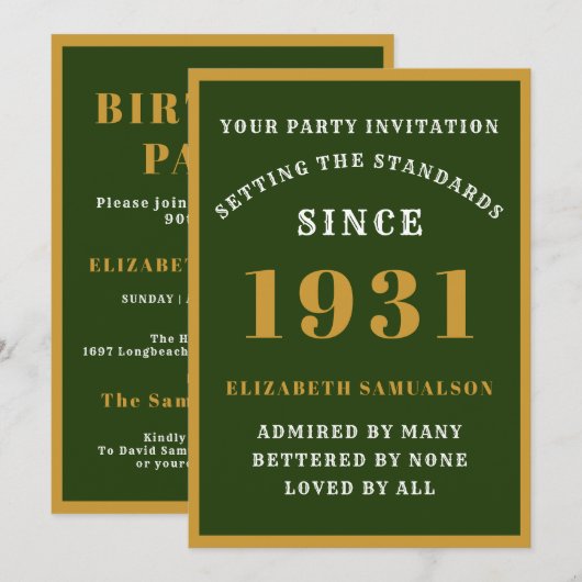 Invitation 90e anniversaire personnalisé 1931 Elégant or vert (Devant / Derrière)