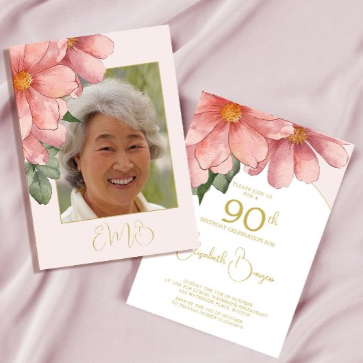 Invitation 90e anniversaire Photo rose Floral Elégant anniver
