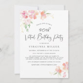 Invitation 90e anniversaire Pink Floral Watercolor Virtual Pa (Devant)