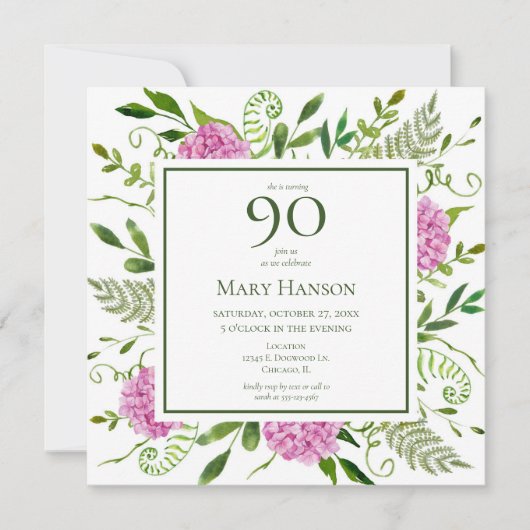 Invitation 90e anniversaire Pink Hydrangeas (Devant)