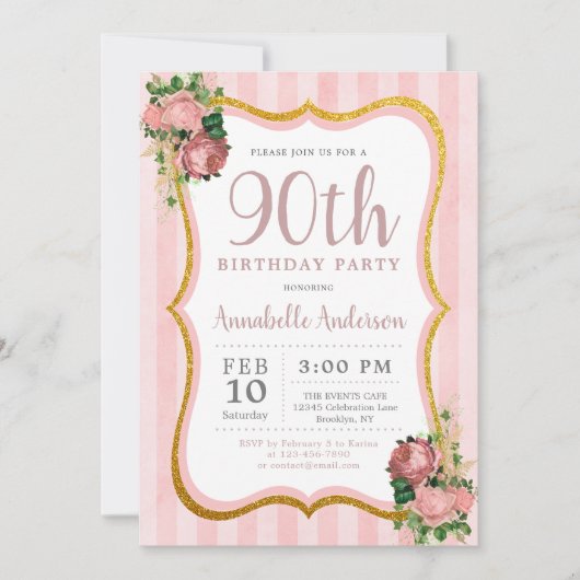 Invitation 90e anniversaire Pink Stripe Floral Gold Parties s (Devant)