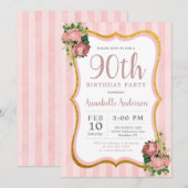 Invitation 90e anniversaire Pink Stripe Floral Gold Parties s (Devant / Derrière)