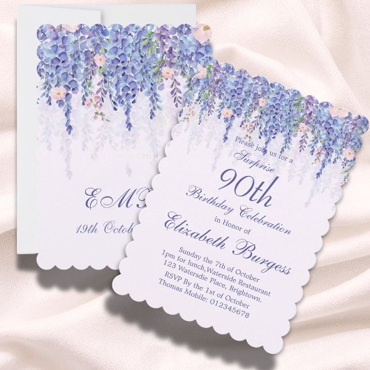 Invitation 90e anniversaire Purple Floral Wisteria Monogramme