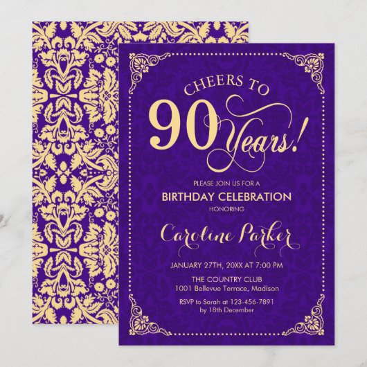 Invitation 90e anniversaire - Purple Gold Damask (Devant / Derrière)