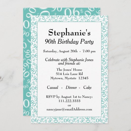 Invitation 90e anniversaire Random Number Motif Turquoise/bla (Devant / Derrière)