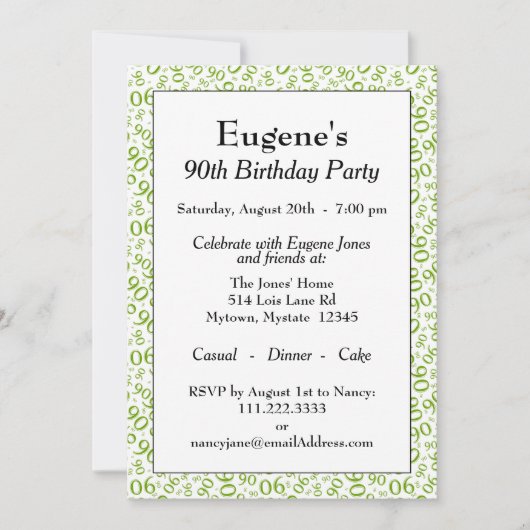 Invitation 90e anniversaire Random Number Motif Vert/Blanc (Devant)