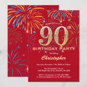 Invitation 90e anniversaire Red and Gold Rainbow Fireworks (Devant / Derrière)