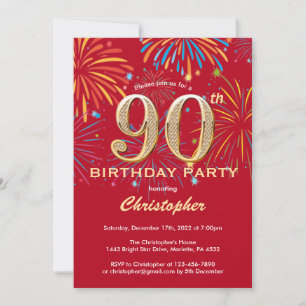 Invitation 90e anniversaire Red and Gold Rainbow Fireworks