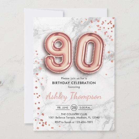 Invitation 90e anniversaire - Rose Ballons d'or effet de marb (Devant)