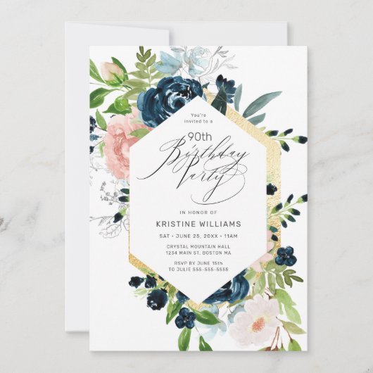 Invitation 90e Anniversaire Rose Bleu Aquarelle Floral (Devant)