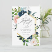 Invitation 90e Anniversaire Rose Bleu Eau Aquarelle Florale  (Debout devant)