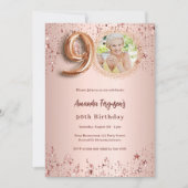 Invitation 90e anniversaire rose étoiles photo en or (Devant)