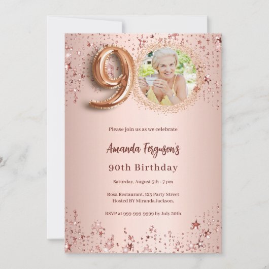 Invitation 90e anniversaire rose étoiles photo en or (Devant)