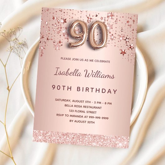 Invitation 90e anniversaire rose étoiles rose or