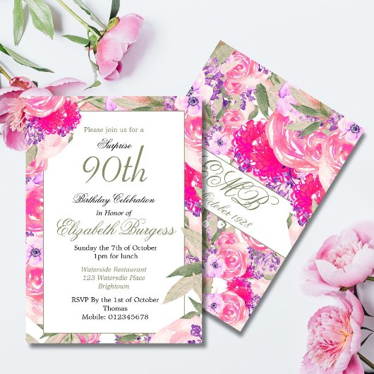 Invitation 90e anniversaire rose Floral Rose Chic Anniversair