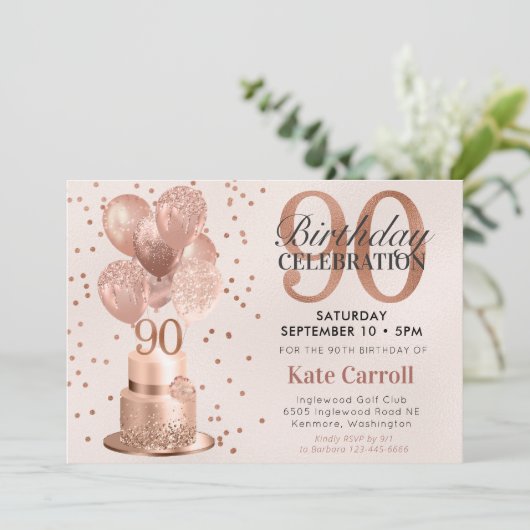 Invitation 90e anniversaire Rose Gold Cake (Debout devant)